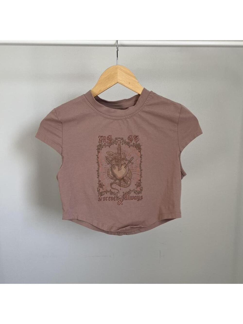 Y2K Gothic Baby Tee Crop Top Pink Tattoo Graphic Grunge Fairy